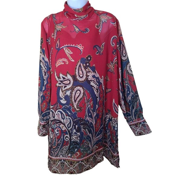 Soft Surroundings Womens L Paisley Tunic Dress Cami Red Blue Sheer Boho Peasant - Picture 1 of 13